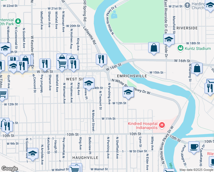 map of restaurants, bars, coffee shops, grocery stores, and more near 1401 North Tremont Street in Indianapolis