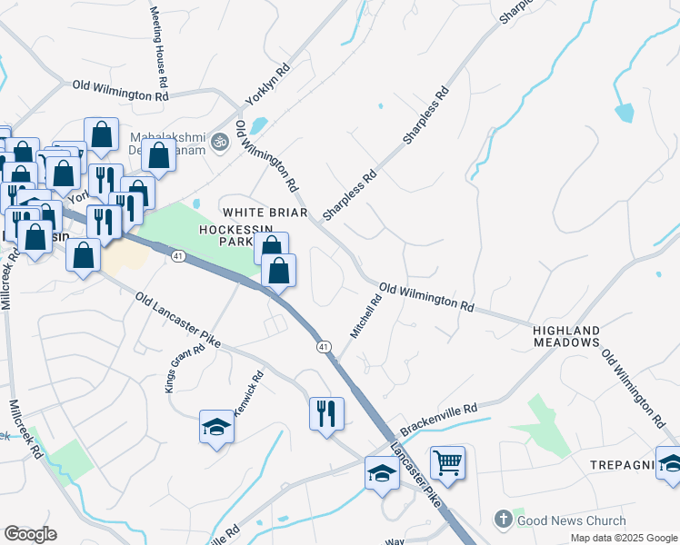 map of restaurants, bars, coffee shops, grocery stores, and more near 6677 Lancaster Pike in Hockessin