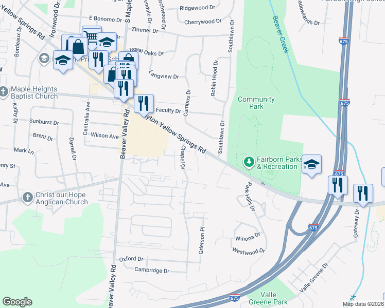 map of restaurants, bars, coffee shops, grocery stores, and more near 2072 Republican Circle in Fairborn