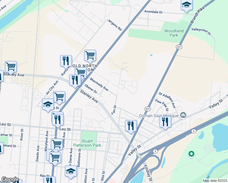 map of restaurants, bars, coffee shops, grocery stores, and more near 128 Macready Avenue in Dayton