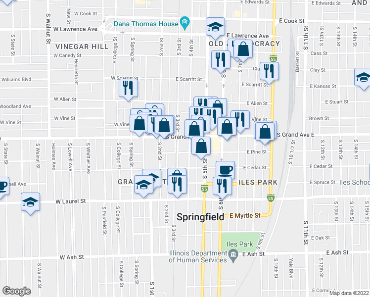 map of restaurants, bars, coffee shops, grocery stores, and more near 1325 South 4th Street in Springfield