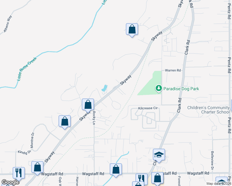 map of restaurants, bars, coffee shops, grocery stores, and more near 1418 Burdaparadise Lane in Paradise