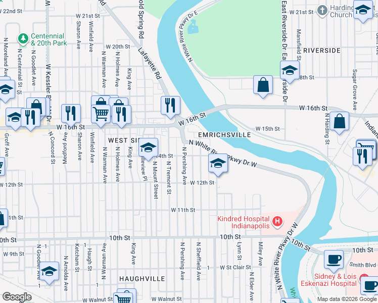 map of restaurants, bars, coffee shops, grocery stores, and more near 2227 West 14th Street in Indianapolis