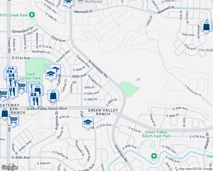 map of restaurants, bars, coffee shops, grocery stores, and more near 20031 Elgin Drive in Denver