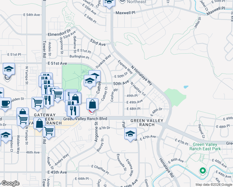 map of restaurants, bars, coffee shops, grocery stores, and more near 4948 North Dunkirk Street in Denver