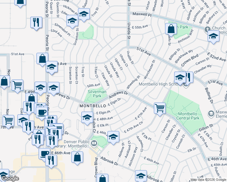 map of restaurants, bars, coffee shops, grocery stores, and more near 12985 Andrews Drive in Denver