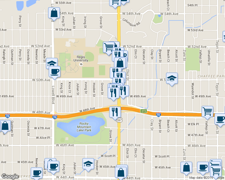 map of restaurants, bars, coffee shops, grocery stores, and more near 4925 Federal Boulevard in Denver