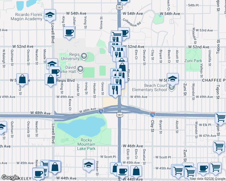 map of restaurants, bars, coffee shops, grocery stores, and more near 4925 Federal Boulevard in Denver