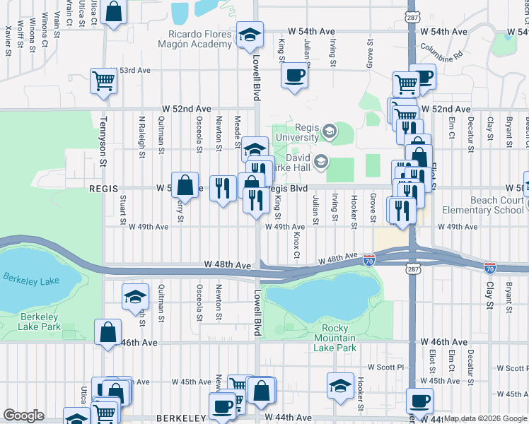 map of restaurants, bars, coffee shops, grocery stores, and more near 4921 Lowell Boulevard in Denver