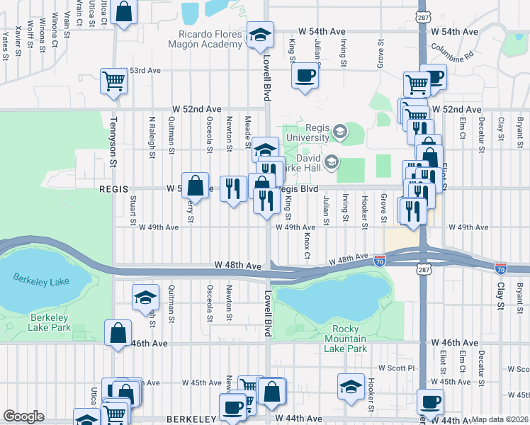 map of restaurants, bars, coffee shops, grocery stores, and more near 4921 Lowell Boulevard in Denver