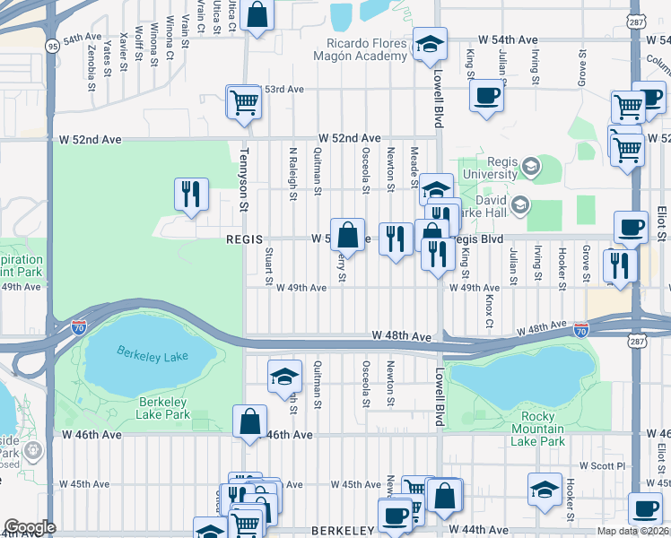 map of restaurants, bars, coffee shops, grocery stores, and more near 4920 Perry Street in Denver