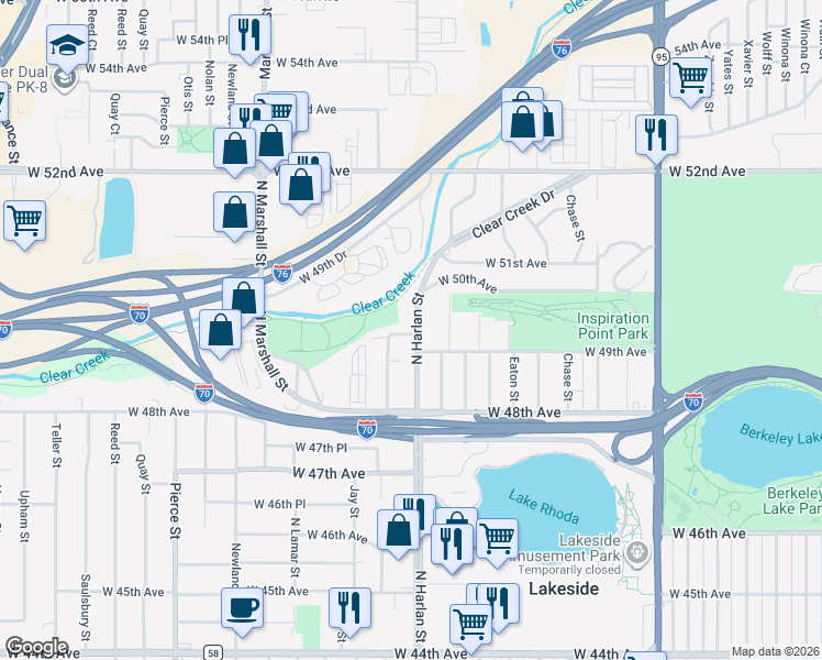 map of restaurants, bars, coffee shops, grocery stores, and more near 4945 North Harlan Street in Wheat Ridge