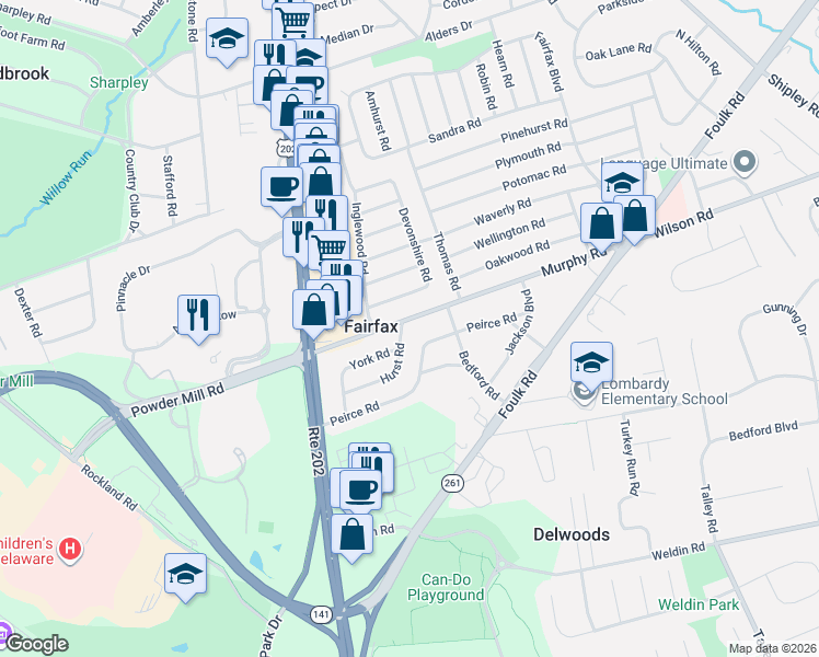 map of restaurants, bars, coffee shops, grocery stores, and more near 109 Peirce Road in Wilmington