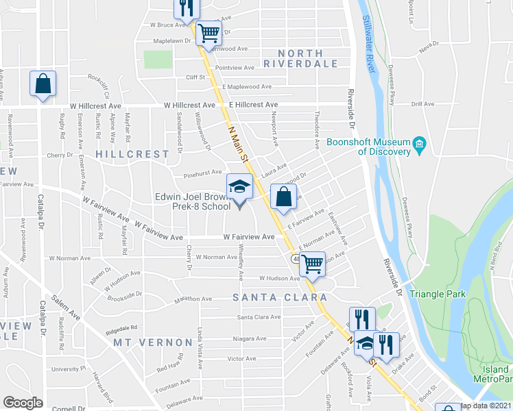 map of restaurants, bars, coffee shops, grocery stores, and more near 2345 North Main Street in Dayton
