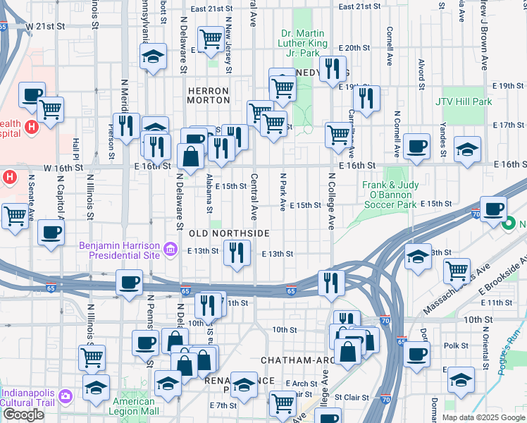 map of restaurants, bars, coffee shops, grocery stores, and more near 1424 Central Avenue in Indianapolis