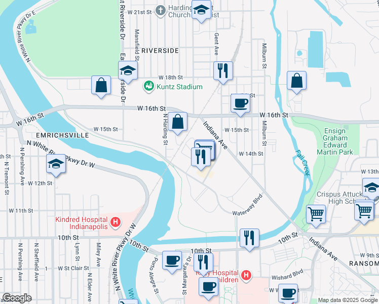map of restaurants, bars, coffee shops, grocery stores, and more near 1318-1384 Waterway Blvd in Indianapolis
