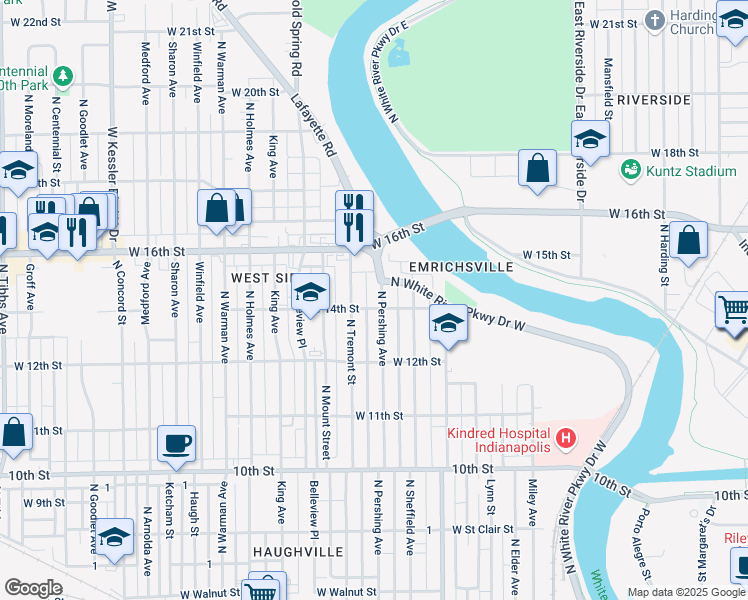 map of restaurants, bars, coffee shops, grocery stores, and more near 1401 North Tremont Street in Indianapolis