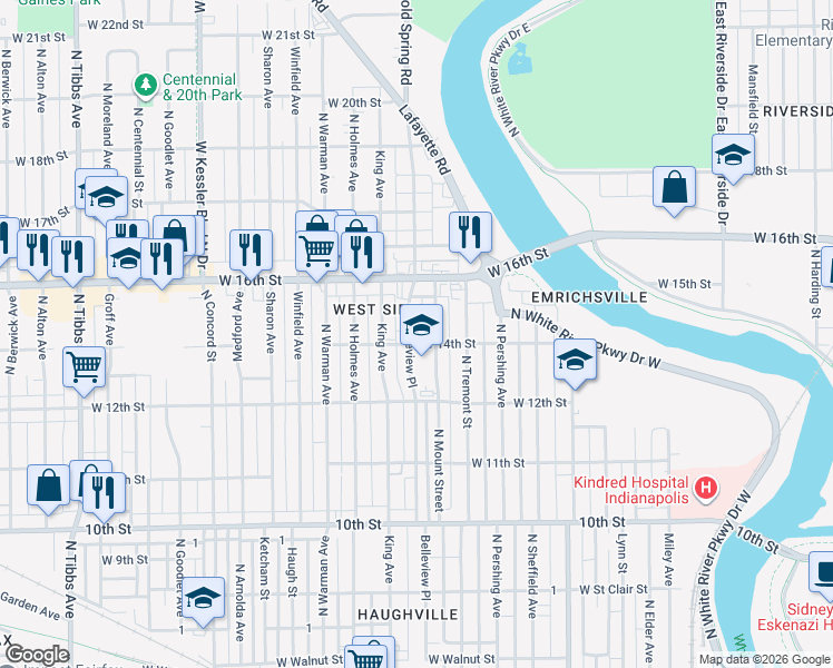 map of restaurants, bars, coffee shops, grocery stores, and more near 1402 North Belleview Place in Indianapolis