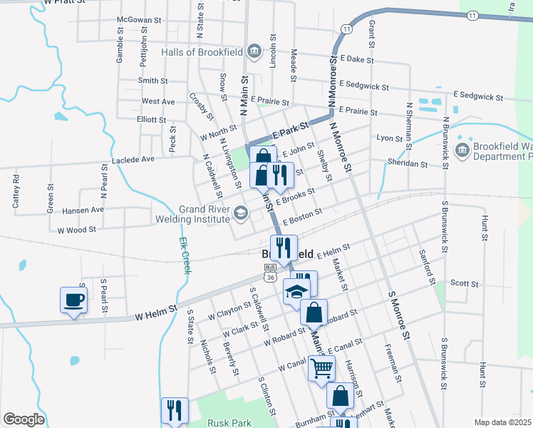 map of restaurants, bars, coffee shops, grocery stores, and more near 107 N Main St in Brookfield