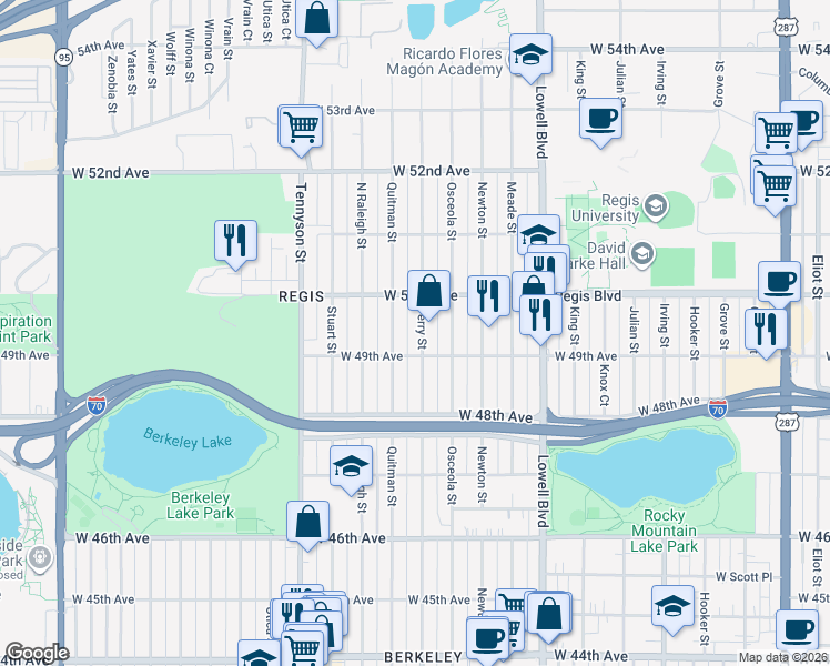 map of restaurants, bars, coffee shops, grocery stores, and more near 4920 Perry Street in Denver