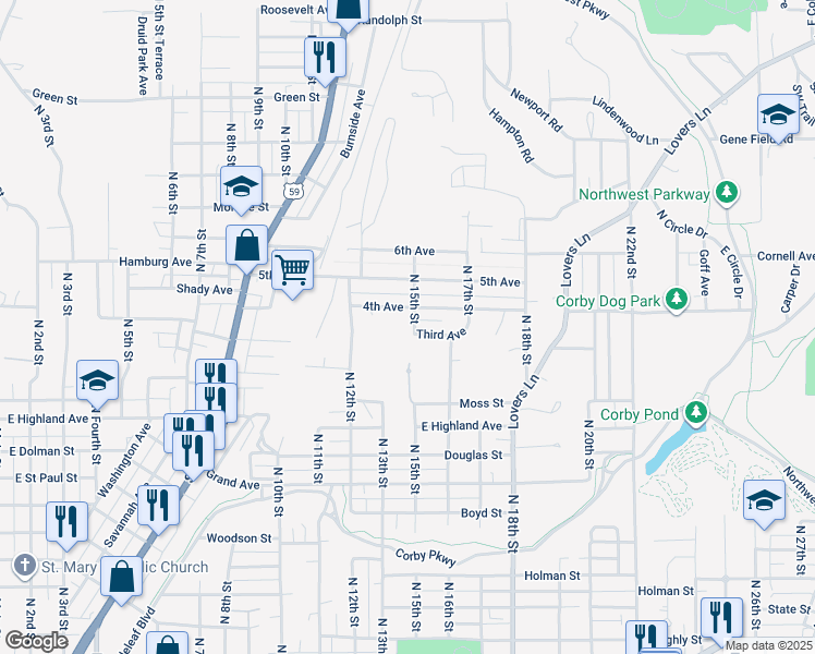 map of restaurants, bars, coffee shops, grocery stores, and more near 2506 North 15th Street in Saint Joseph