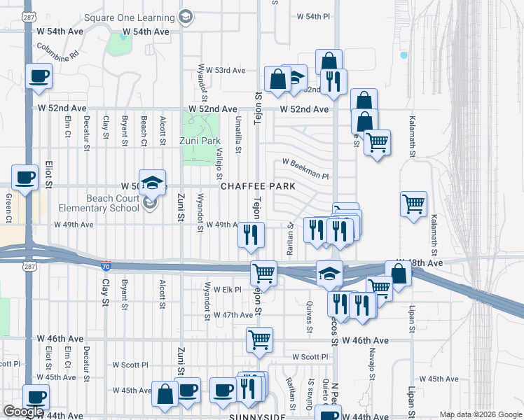 map of restaurants, bars, coffee shops, grocery stores, and more near 4926 Tejon Street in Denver