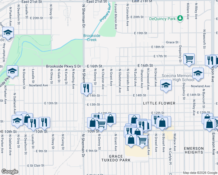 map of restaurants, bars, coffee shops, grocery stores, and more near 1420 North Grant Avenue in Indianapolis