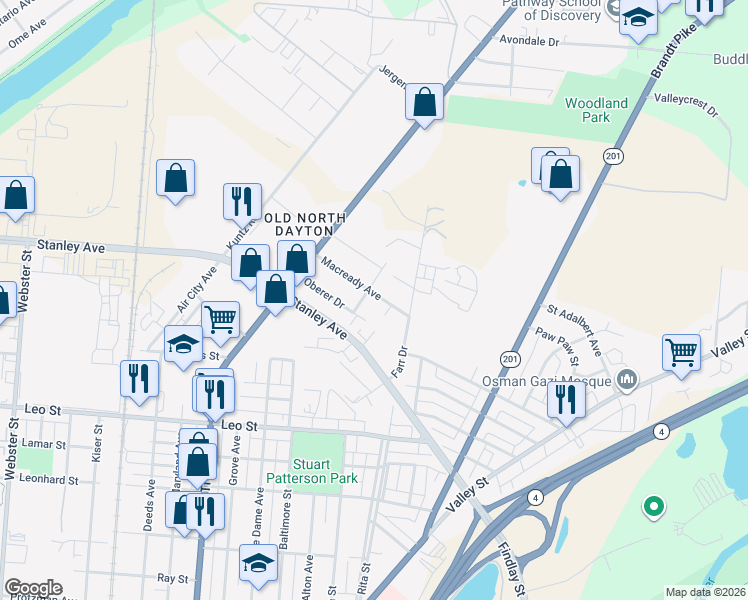 map of restaurants, bars, coffee shops, grocery stores, and more near 128 Macready Avenue in Dayton