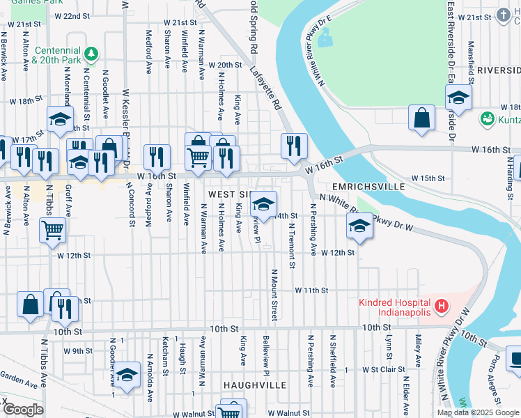 map of restaurants, bars, coffee shops, grocery stores, and more near 1402 North Belleview Place in Indianapolis