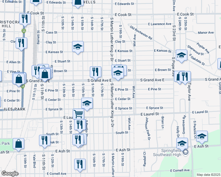 map of restaurants, bars, coffee shops, grocery stores, and more near 1425 South Martin Luther King Junior Drive in Springfield