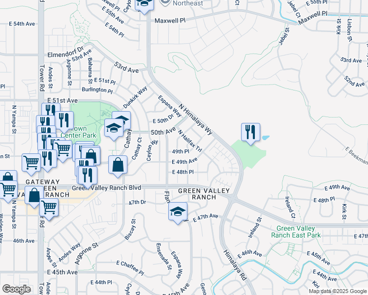 map of restaurants, bars, coffee shops, grocery stores, and more near 19724 49th Place in Denver