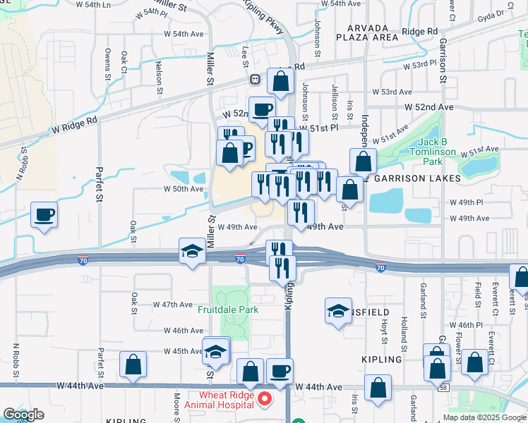 map of restaurants, bars, coffee shops, grocery stores, and more near Blue Grass Terrace in Wheat Ridge