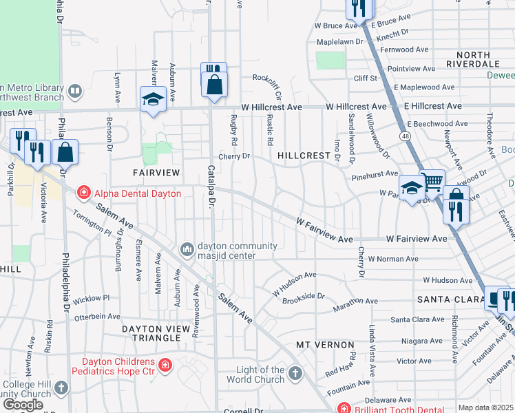 map of restaurants, bars, coffee shops, grocery stores, and more near 2109 Emerson Avenue in Dayton