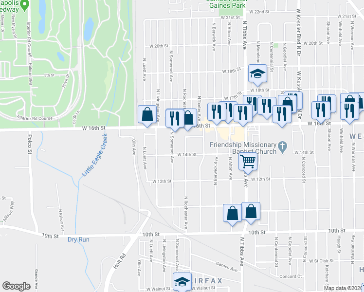 map of restaurants, bars, coffee shops, grocery stores, and more near 1418 North Rochester Avenue in Indianapolis