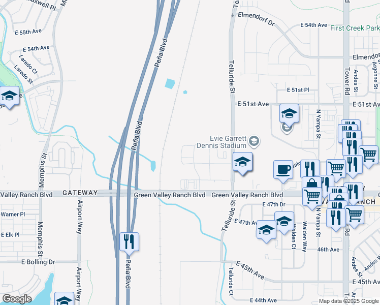 map of restaurants, bars, coffee shops, grocery stores, and more near 4927 North Salida Street in Denver