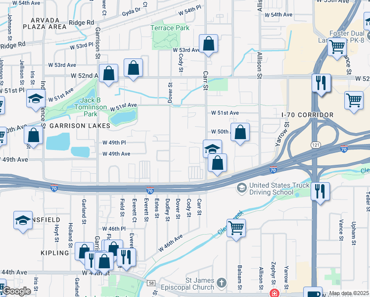 map of restaurants, bars, coffee shops, grocery stores, and more near 4930 Dover Street in Arvada