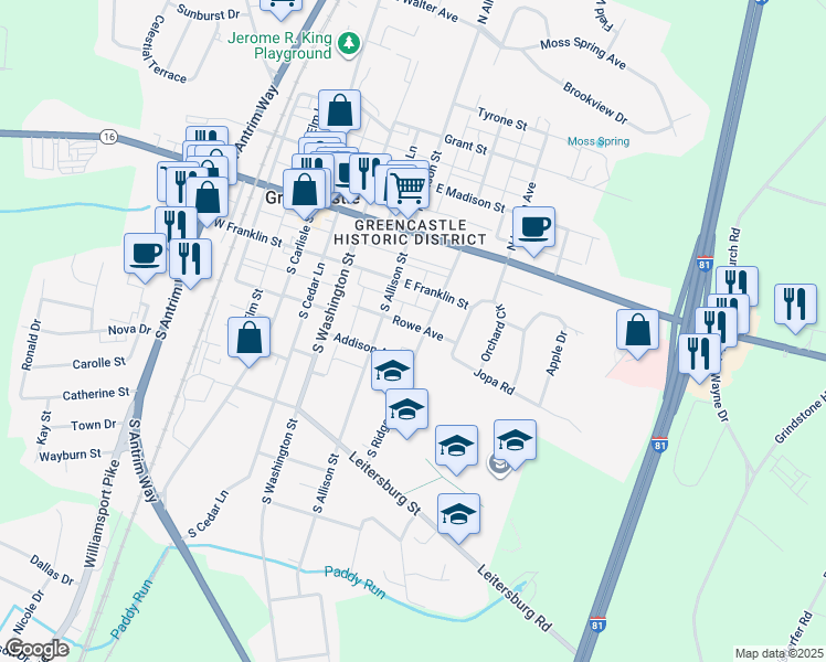 map of restaurants, bars, coffee shops, grocery stores, and more near 237 Rowe Avenue in Greencastle