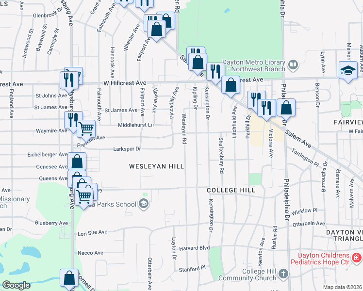 map of restaurants, bars, coffee shops, grocery stores, and more near 2000 Piccadilly Avenue in Dayton