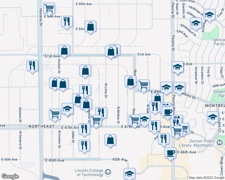 map of restaurants, bars, coffee shops, grocery stores, and more near 4900 Lima Street in Denver