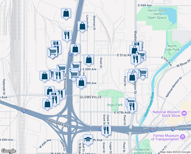 map of restaurants, bars, coffee shops, grocery stores, and more near 4907 Sherman Street in Denver