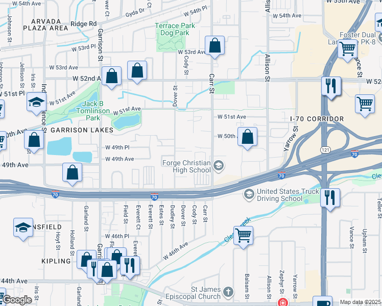 map of restaurants, bars, coffee shops, grocery stores, and more near 4930 Dover Street in Arvada