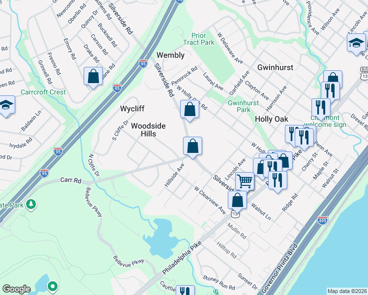 map of restaurants, bars, coffee shops, grocery stores, and more near 505 Woodside Avenue in Wilmington