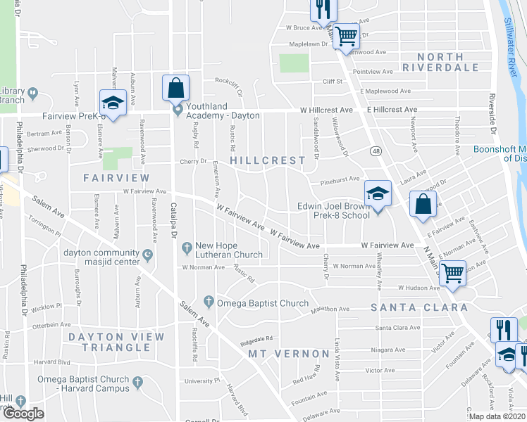 map of restaurants, bars, coffee shops, grocery stores, and more near 513 West Fairview Avenue in Dayton