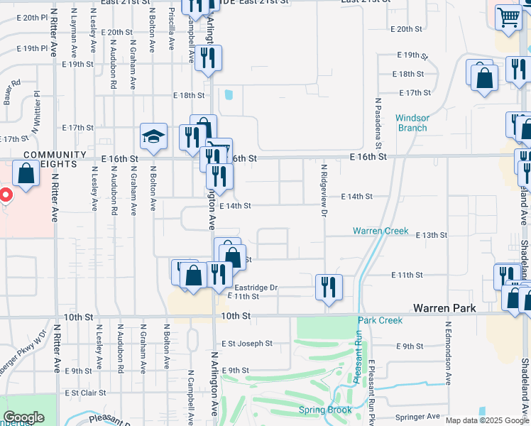 map of restaurants, bars, coffee shops, grocery stores, and more near 6136 East 13th Street in Indianapolis