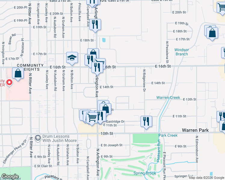 map of restaurants, bars, coffee shops, grocery stores, and more near 6013 East 14th Street in Indianapolis