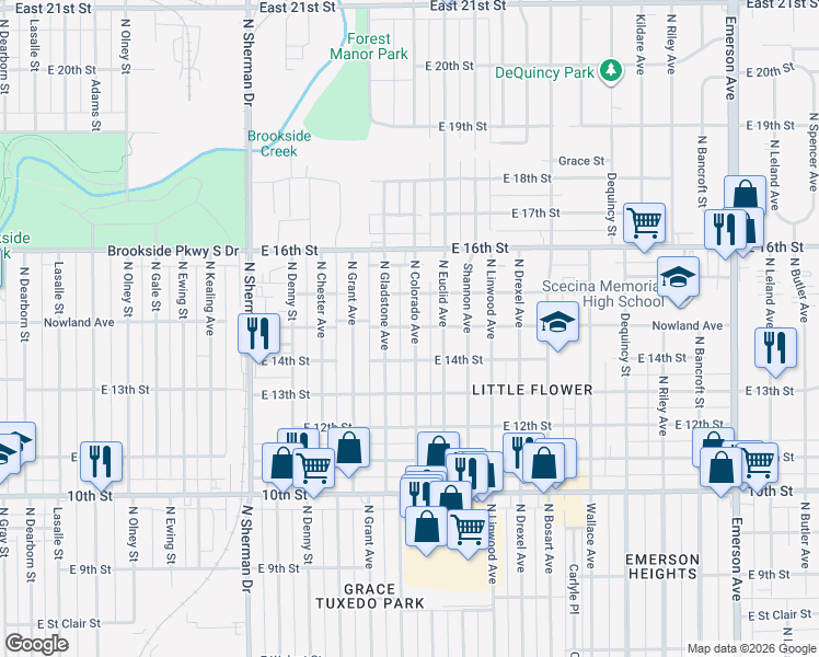 map of restaurants, bars, coffee shops, grocery stores, and more near 1417 North Colorado Avenue in Indianapolis