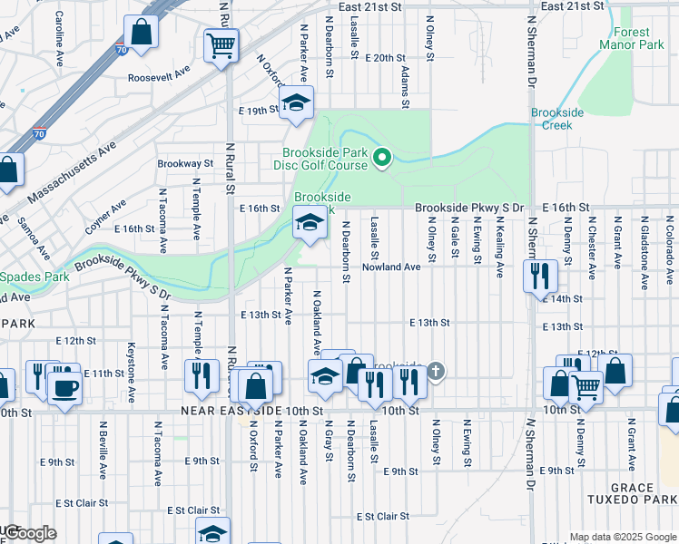 map of restaurants, bars, coffee shops, grocery stores, and more near 1339 North Oakland Avenue in Indianapolis