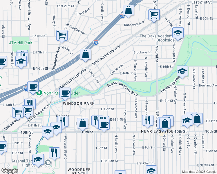 map of restaurants, bars, coffee shops, grocery stores, and more near 1401 Jefferson Avenue in Indianapolis