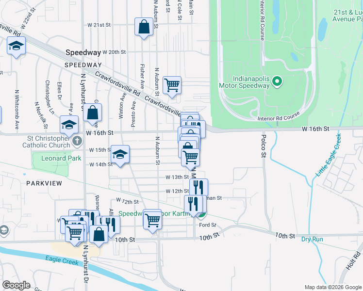 map of restaurants, bars, coffee shops, grocery stores, and more near 4931 West 15th Street in Indianapolis