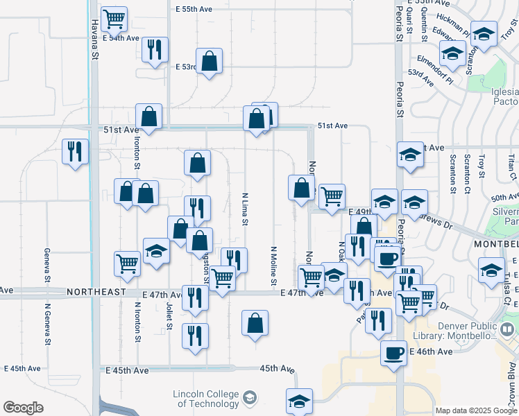 map of restaurants, bars, coffee shops, grocery stores, and more near 4900 South Lima Street in Denver